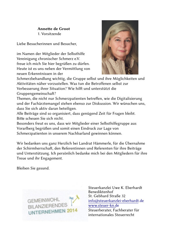 Grußwort von Frau de Groot, 1. Vorsitzende der Selbshilfe Vereinigung chronischer Schmerz e. V.