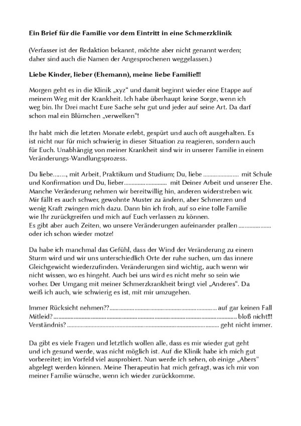 Brief einer Patientin (Seite 1)